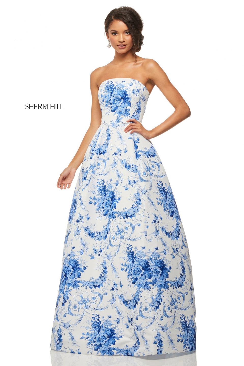 Sherri Hill Strapless Taffeta Ball Gown In Ivory Blue Print