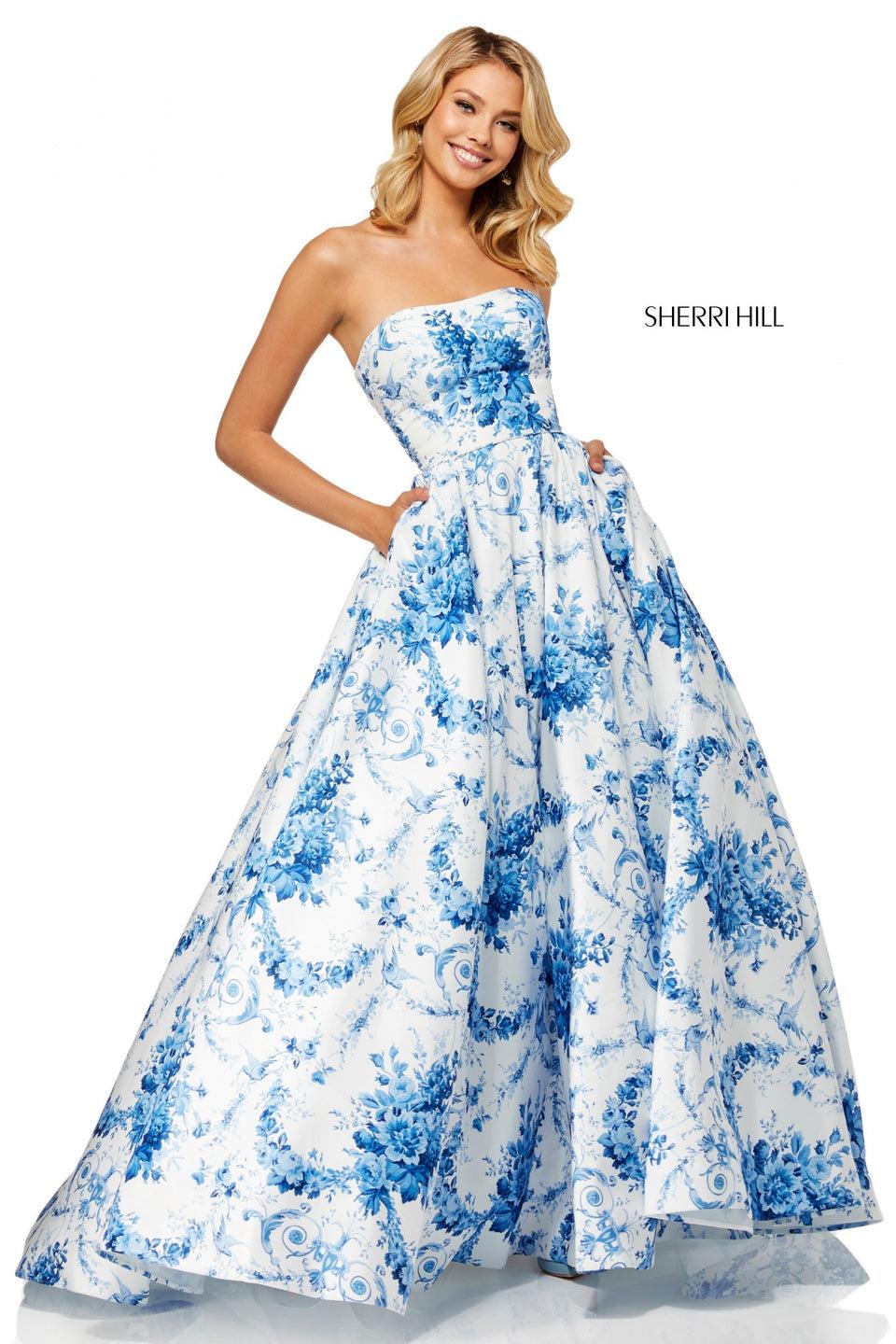sherri hill Strapless taffeta ball gown in ivory blue print