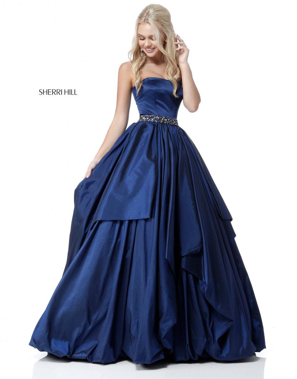 sherri hill Strapless taffeta ball gown with bead encrusted belt