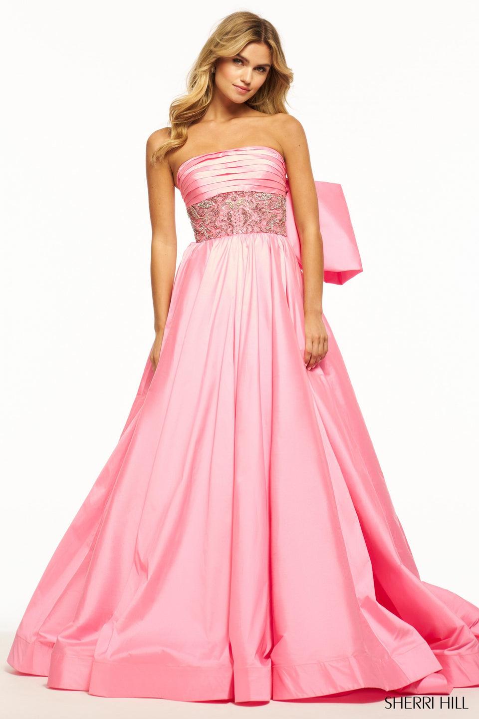 sherri hill Strapless taffeta ball gown with beaded bodice and taffeta bow on the back