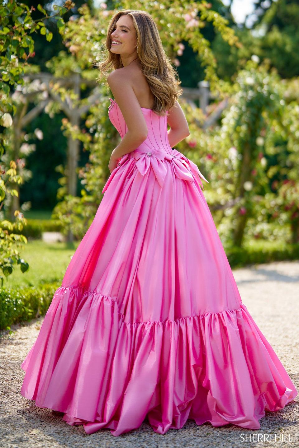 Sherri Hill Strapless Taffeta Ball Gown With Bow Details And Beaded Embellishments