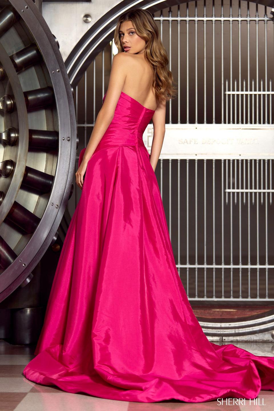 Sherri Hill Strapless Taffeta Ball Gown With Bow On Waistline And High Skirt Slit