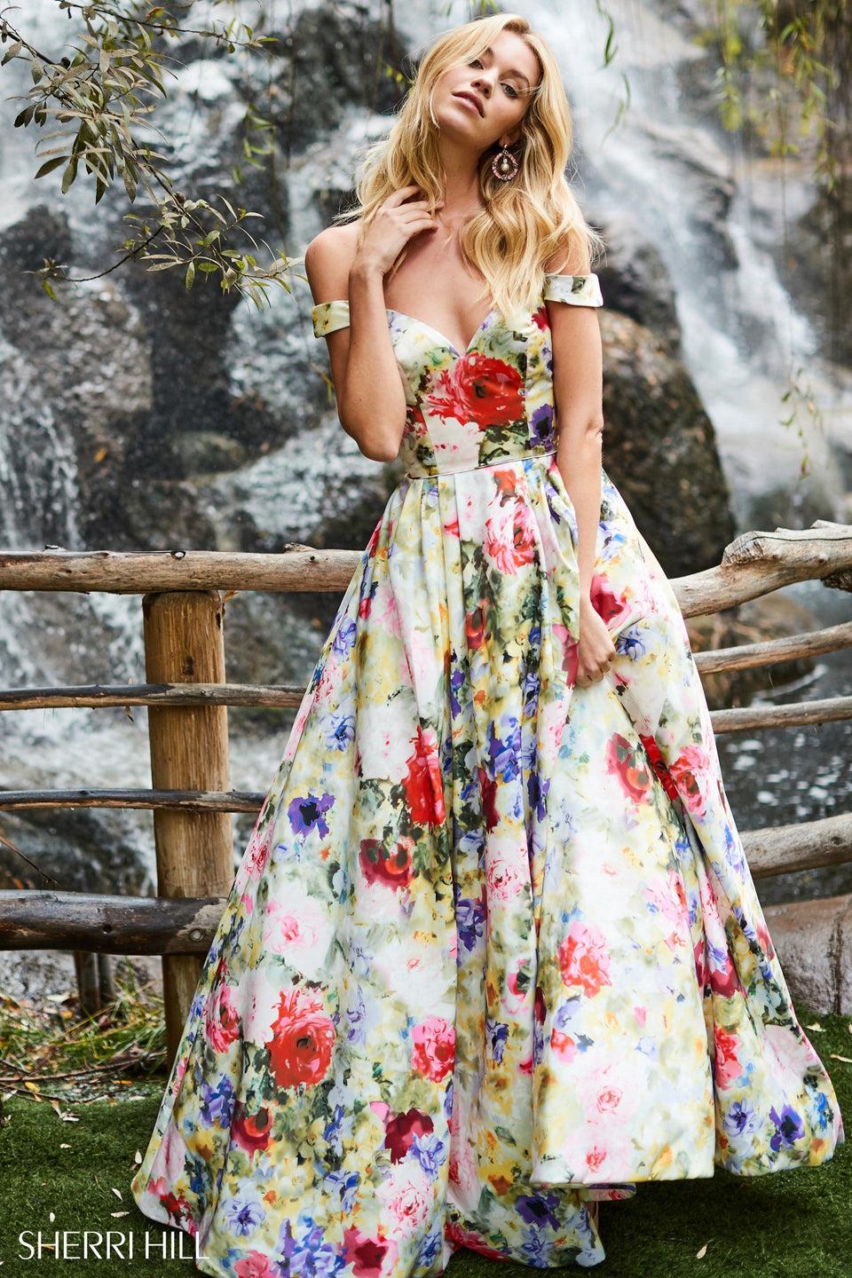 sherri hill Strapless taffeta ball gown with floral print