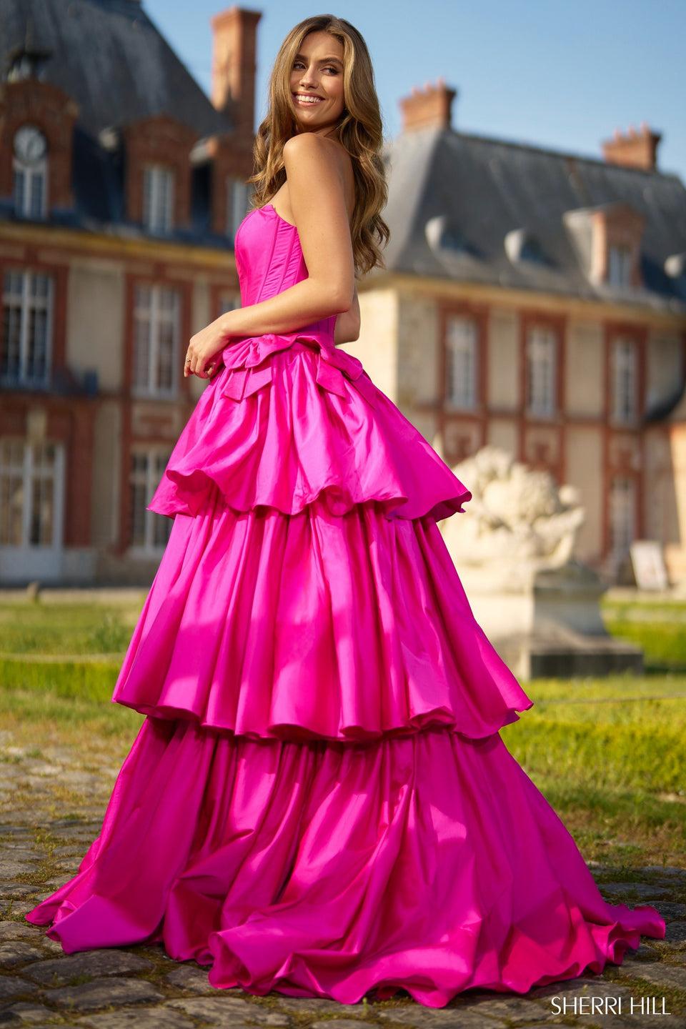 Sherri Hill Strapless Taffeta Ballgown With Ruffle Skirt Corset Bodice And Bows On Waistline