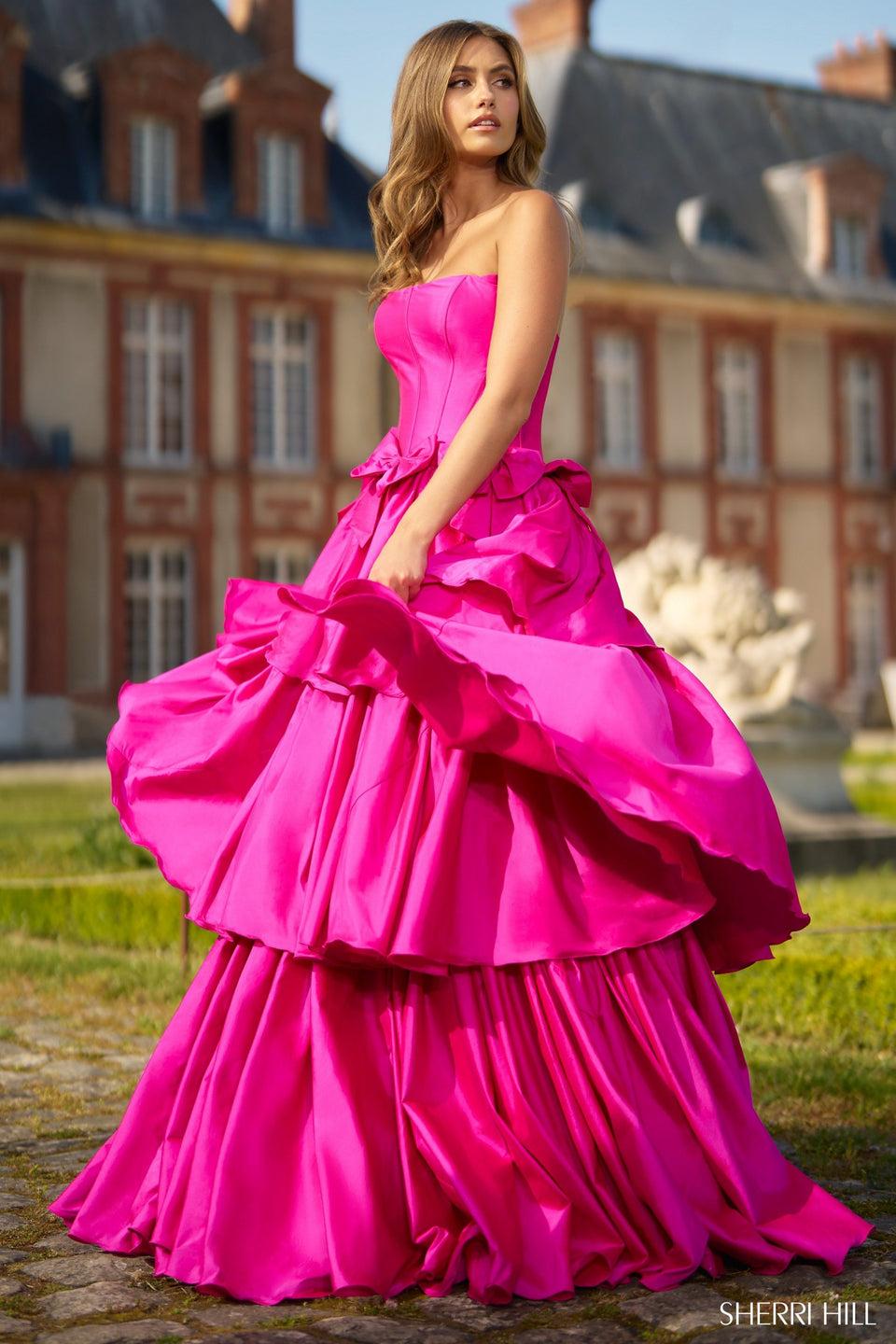 Sherri Hill Strapless Taffeta Ballgown With Ruffle Skirt Corset Bodice And Bows On Waistline