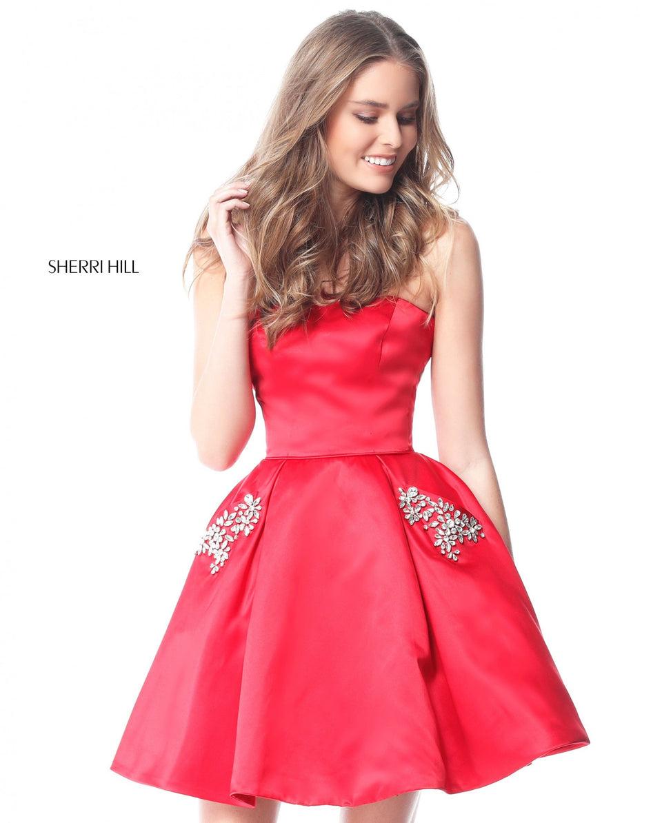 Sherri Hill Strapless Taffeta Cocktail With A-line Skirt And Bead Appliqued Pockets