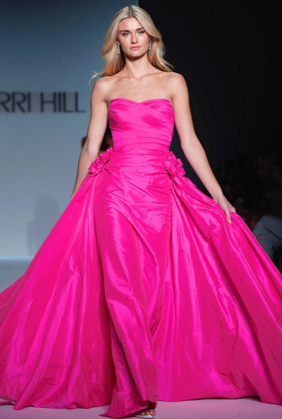 sherri hill Strapless taffeta fitted gown with overskirt
