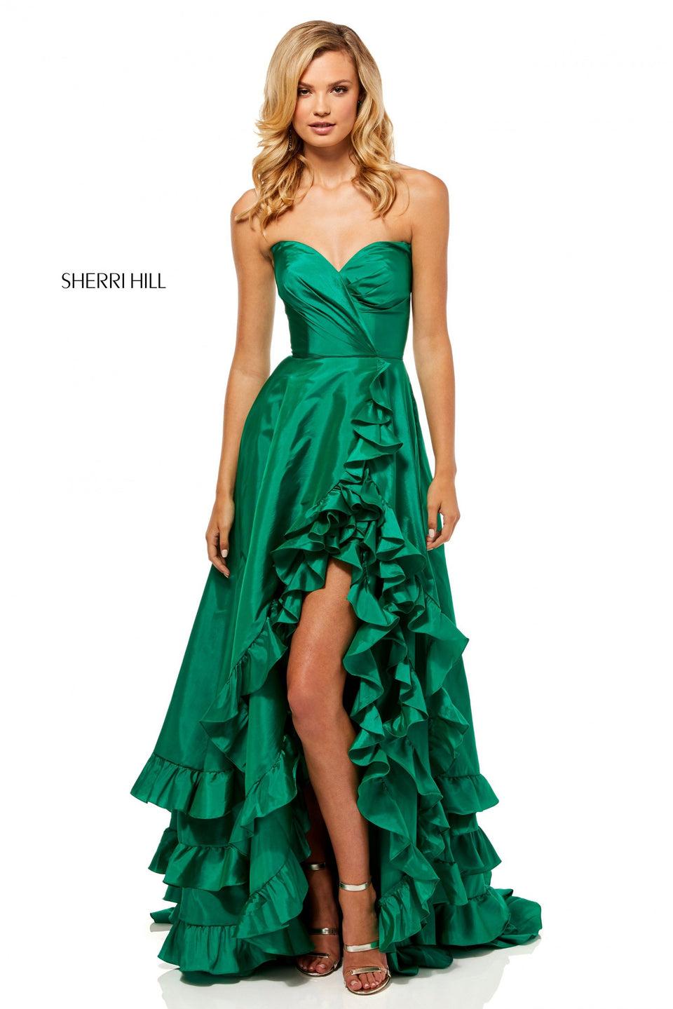 Sherri Hill Strapless Taffeta Gown With Layered Ruffles And A Front Slit