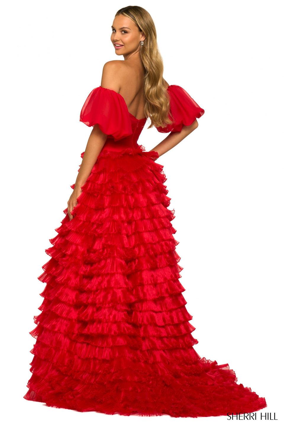 Sherri Hill Strapless Taffeta Gown With Ruffle Tulle Tiered Skirt Detachable Balloon Sleeves And Slit