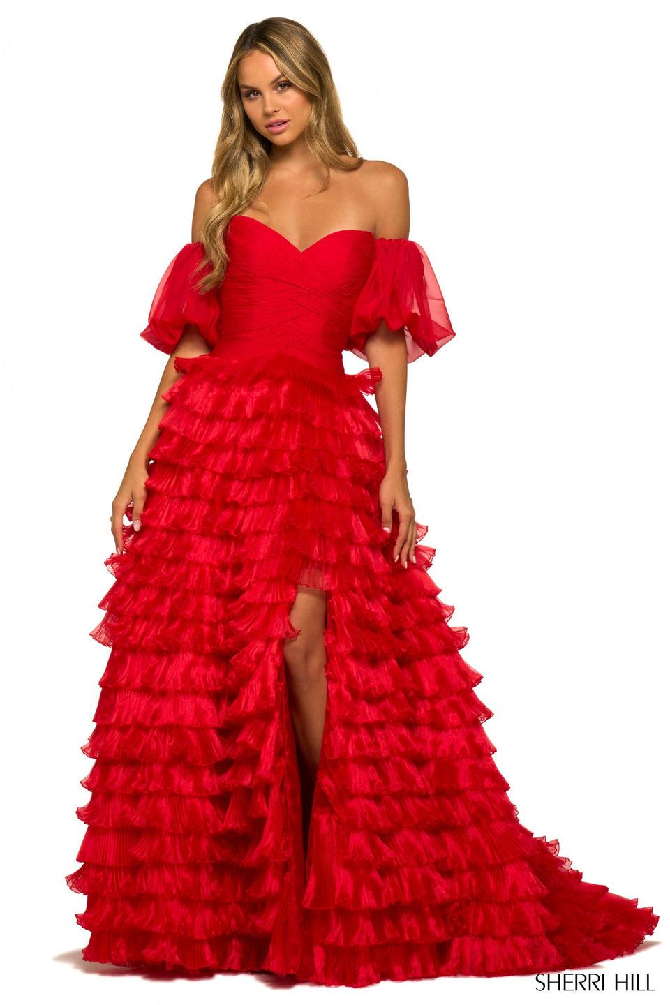 sherri hill Strapless taffeta gown with ruffle tulle tiered skirt detachable balloon sleeves and slit