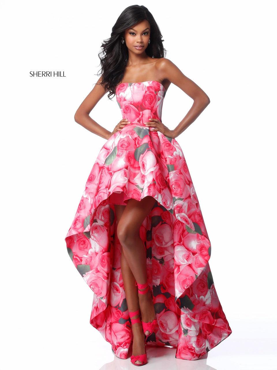 Sherri Hill Strapless Taffeta High Low With Floral Print