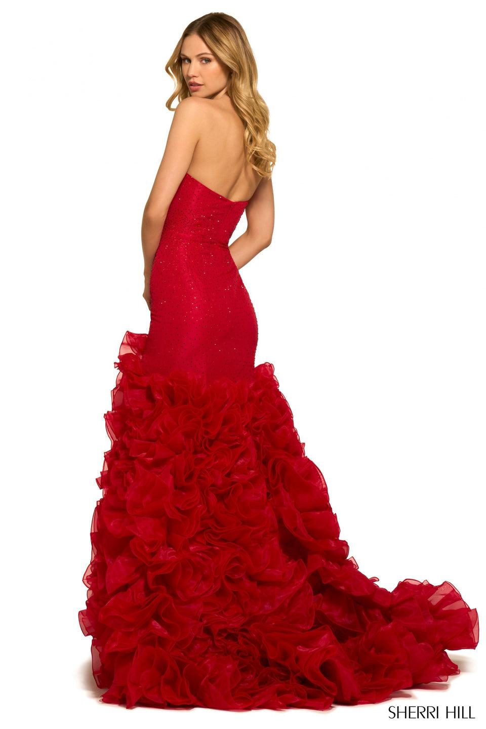 Sherri Hill Strapless Taffeta Mermaid Gown With Ruffle Tulle Skirt And A High Slit
