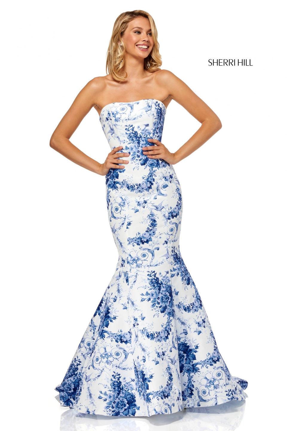 sherri hill Strapless taffeta mermaid in ivory blue print