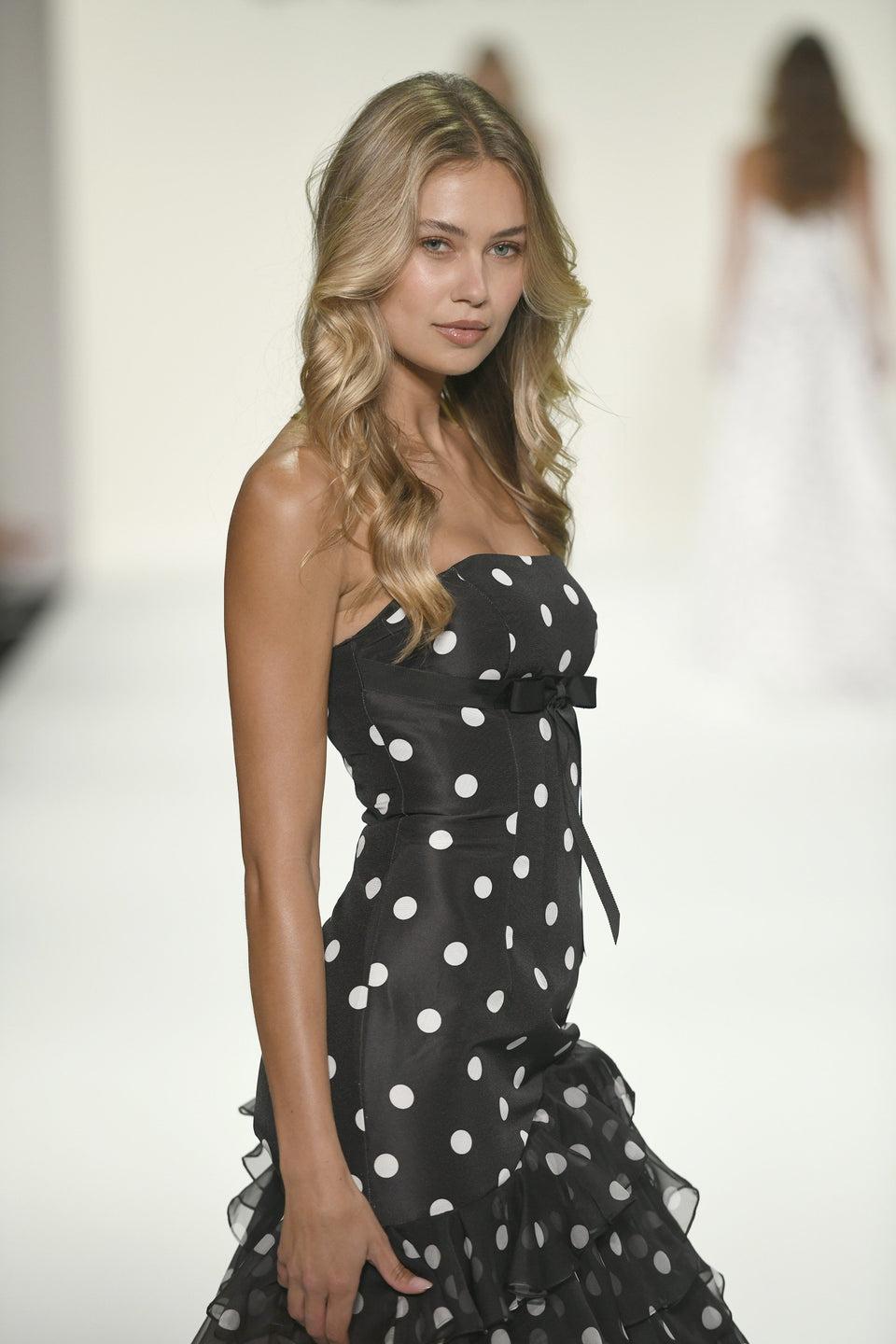 Sherri Hill Strapless Taffeta Polkadot Mermaid Gown With Chiffon Ruffle Skirt Slit