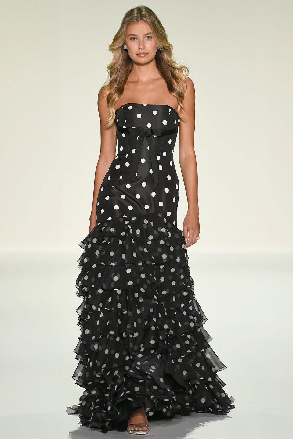 sherri hill Strapless taffeta polkadot mermaid gown with chiffon ruffle skirt slit