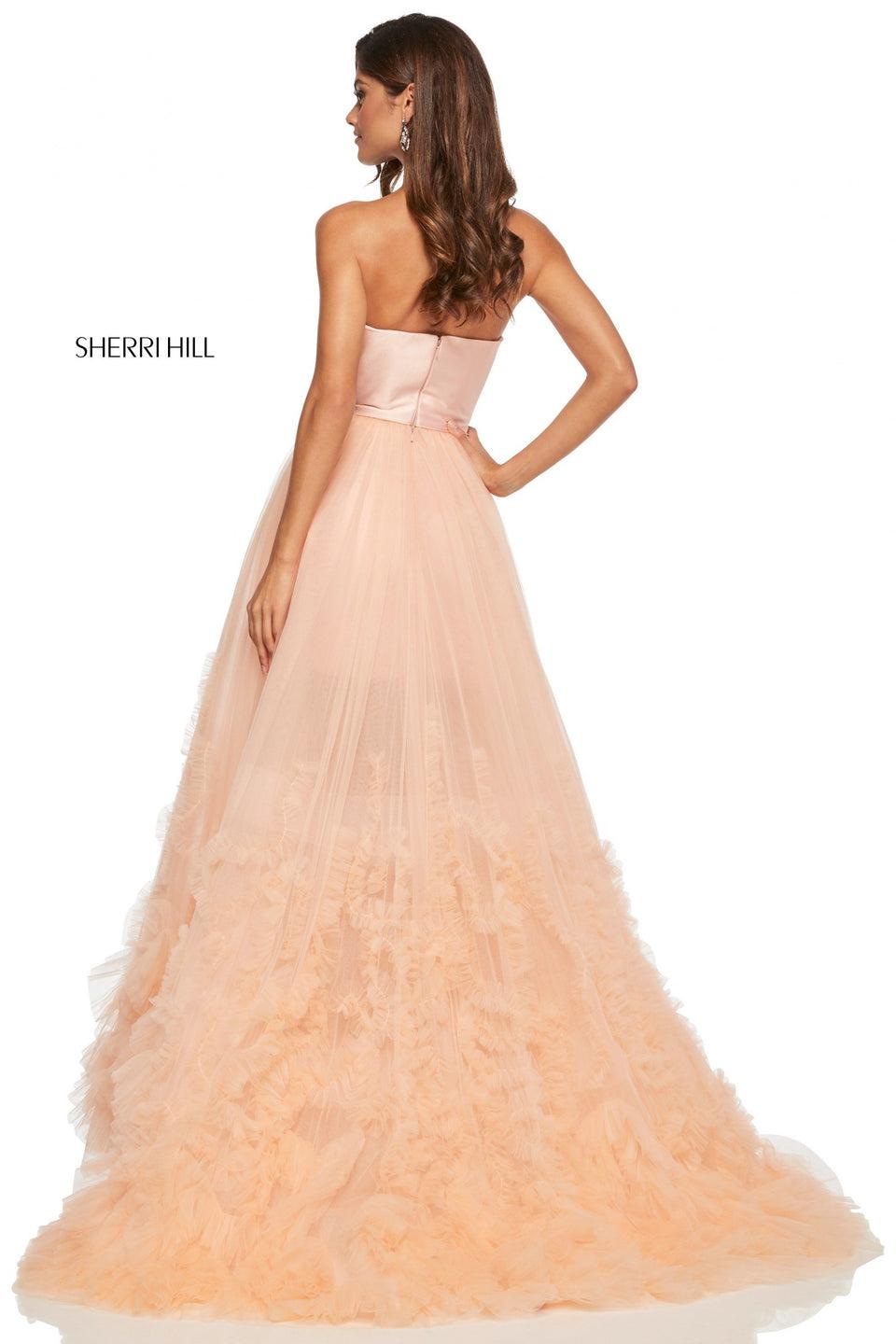 Sherri Hill Strapless Tulle Ball Gown With Gathered Embellishment On Skirt And Mikado Bodice