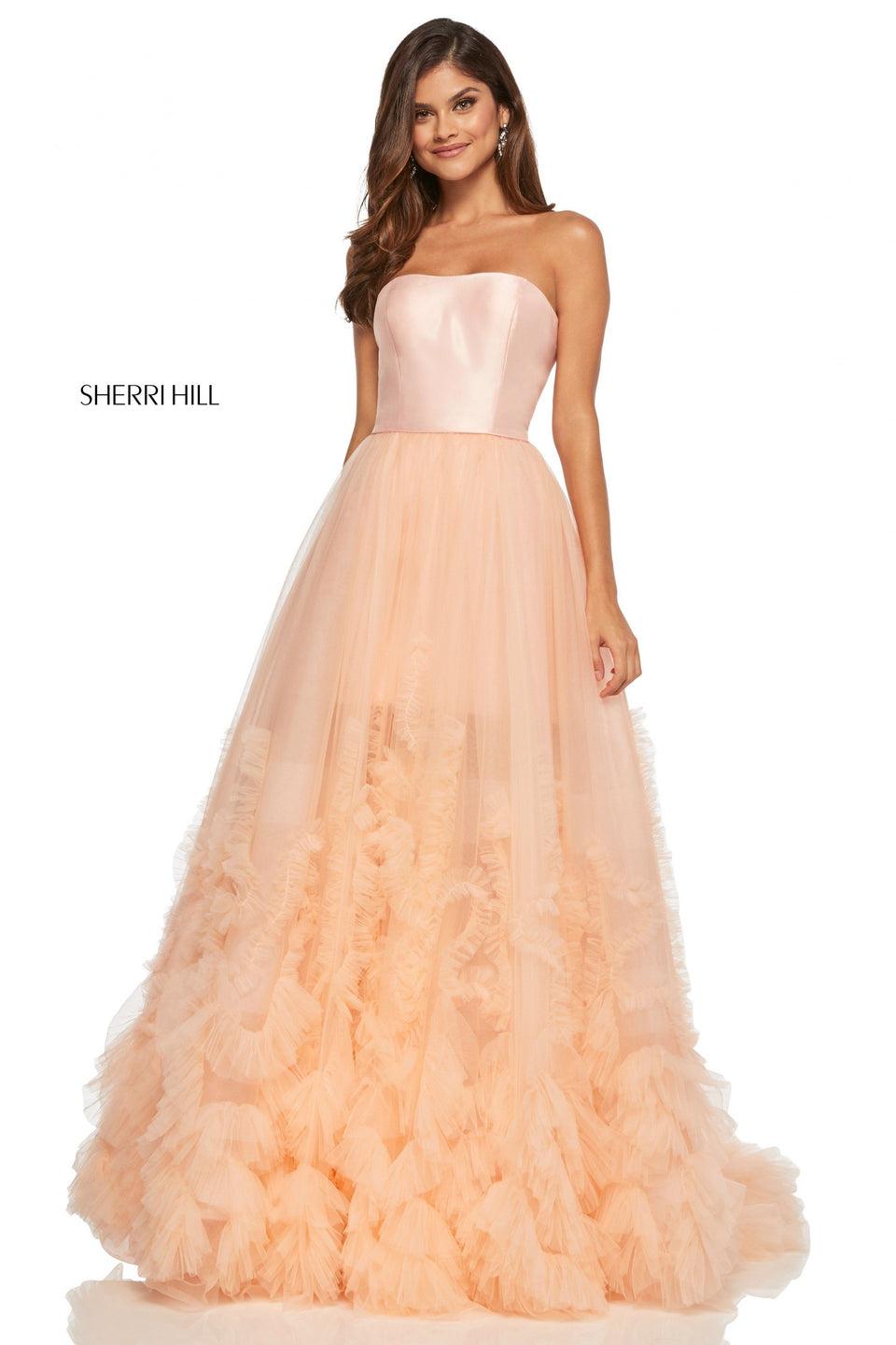Sherri Hill Strapless Tulle Ball Gown With Gathered Embellishment On Skirt And Mikado Bodice