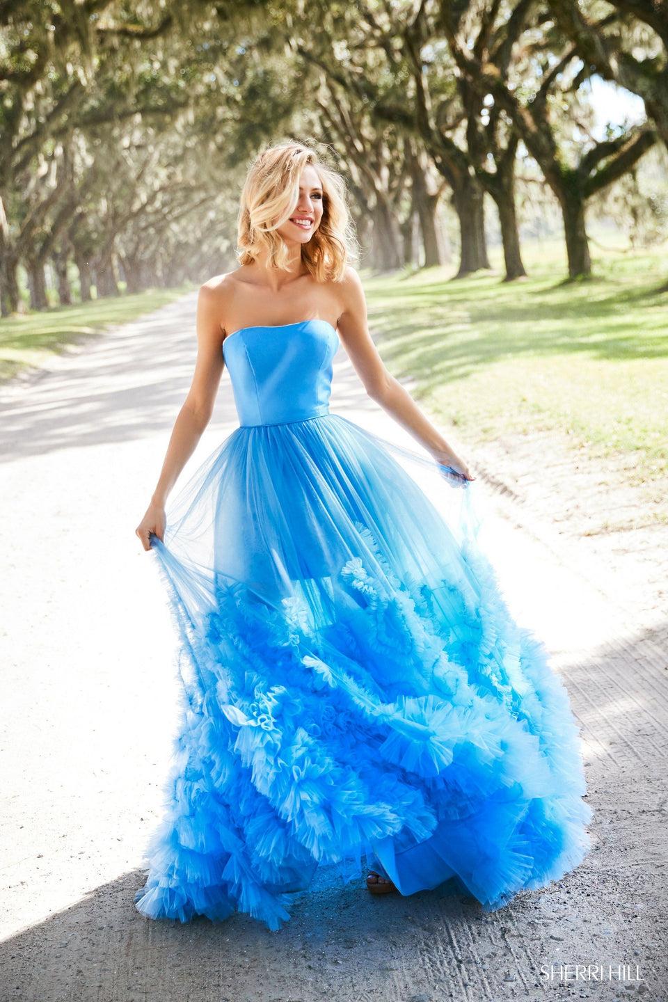 sherri hill Strapless tulle ball gown with gathered embellishment on skirt and mikado bodice