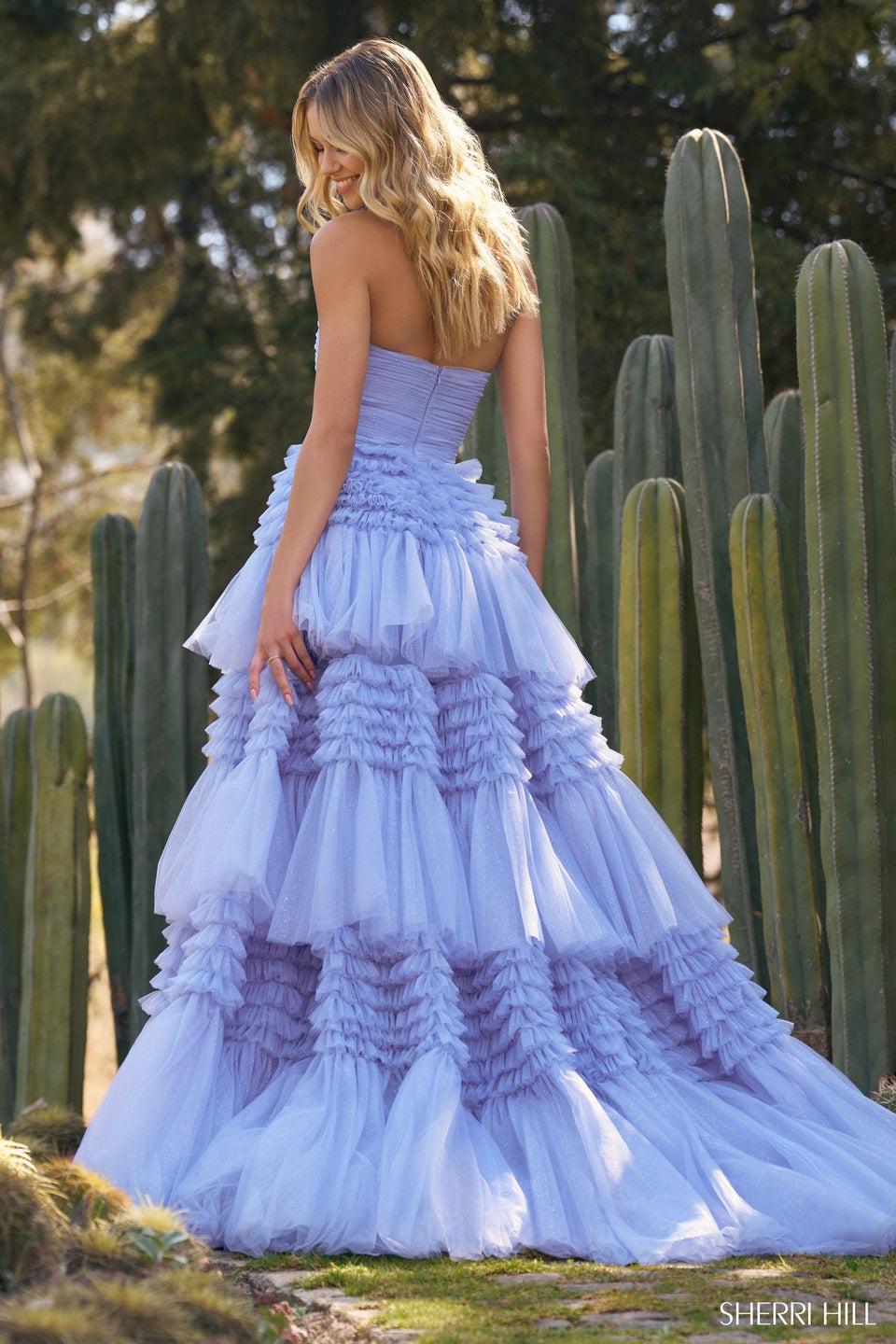 Sherri Hill Strapless Tulle Ball Gown With Ruffle Skirt Slit