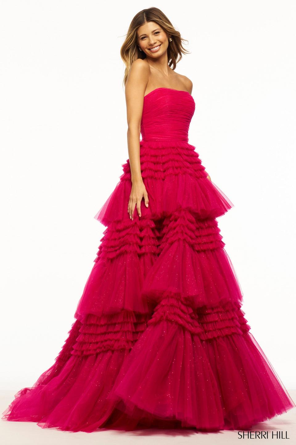 Sherri Hill Strapless Tulle Ball Gown With Ruffle Skirt Slit