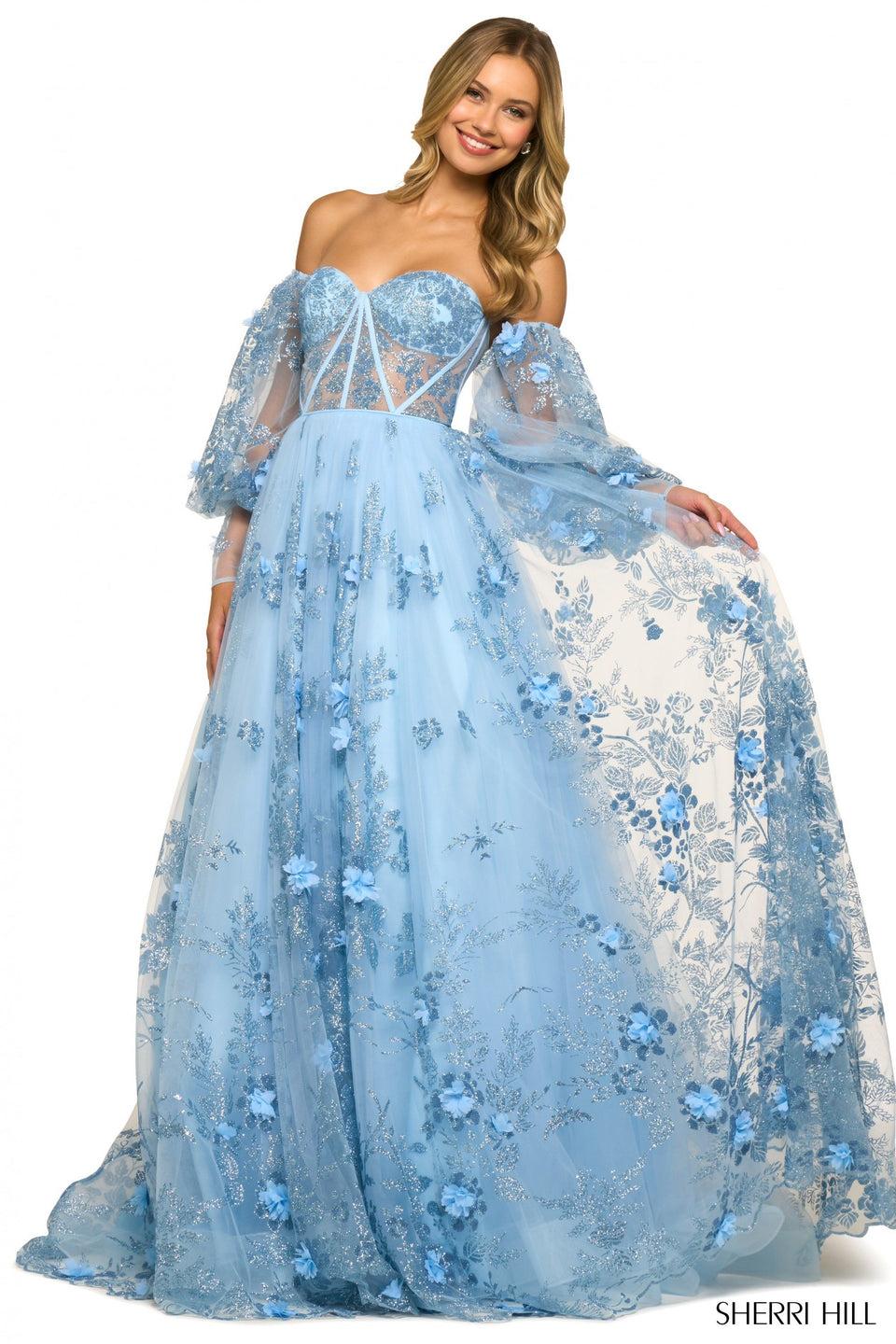 Sherri Hill Strapless Tulle Ballgown With 3D Flower Embellishments Corset Top And Removable Sleeves