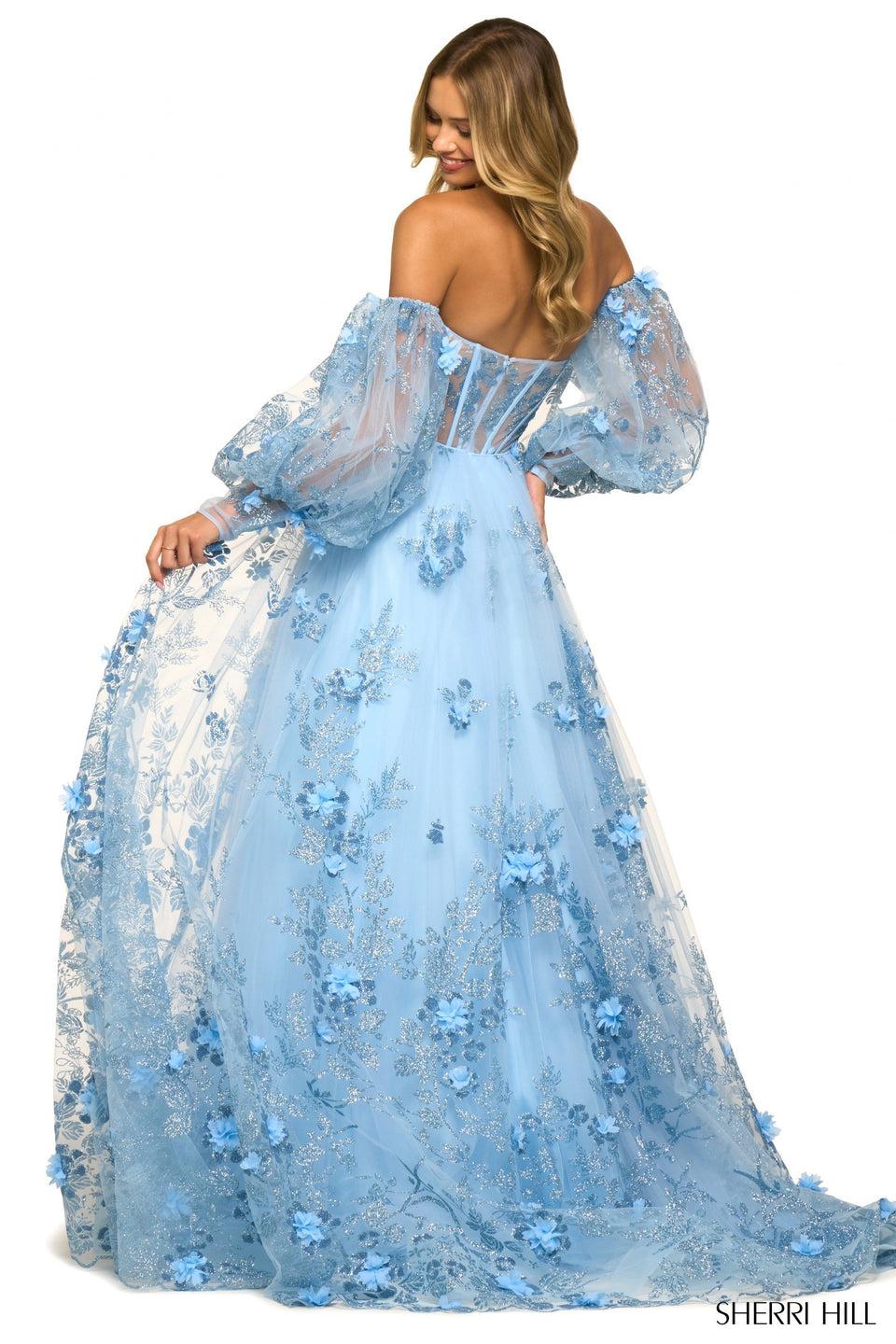 Sherri Hill Strapless Tulle Ballgown With 3D Flower Embellishments Corset Top And Removable Sleeves