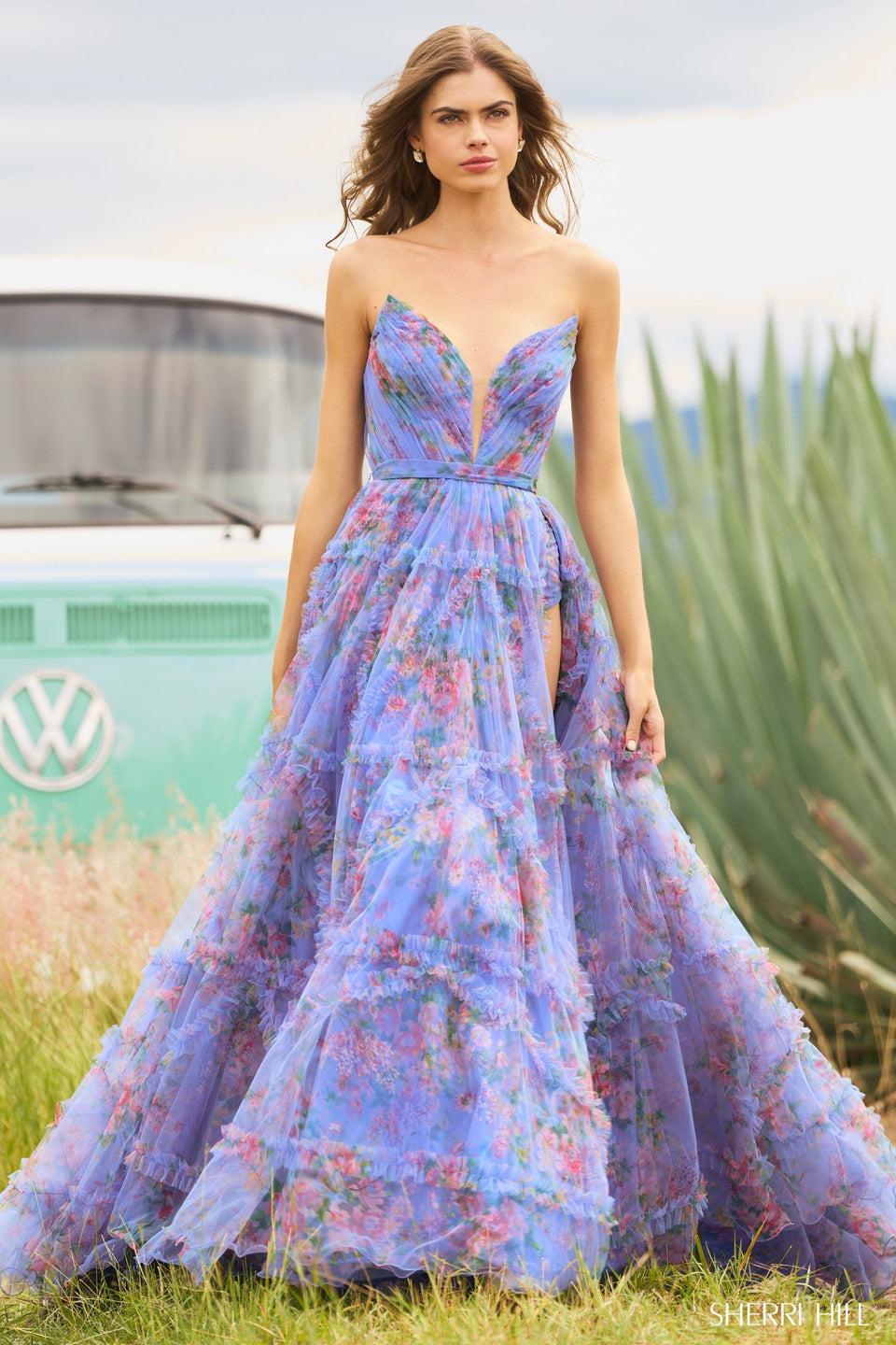 Sherri Hill Strapless Tulle Floral Gown With Deep V-Neckline Bodice Bodysuit And High Skirt Slit