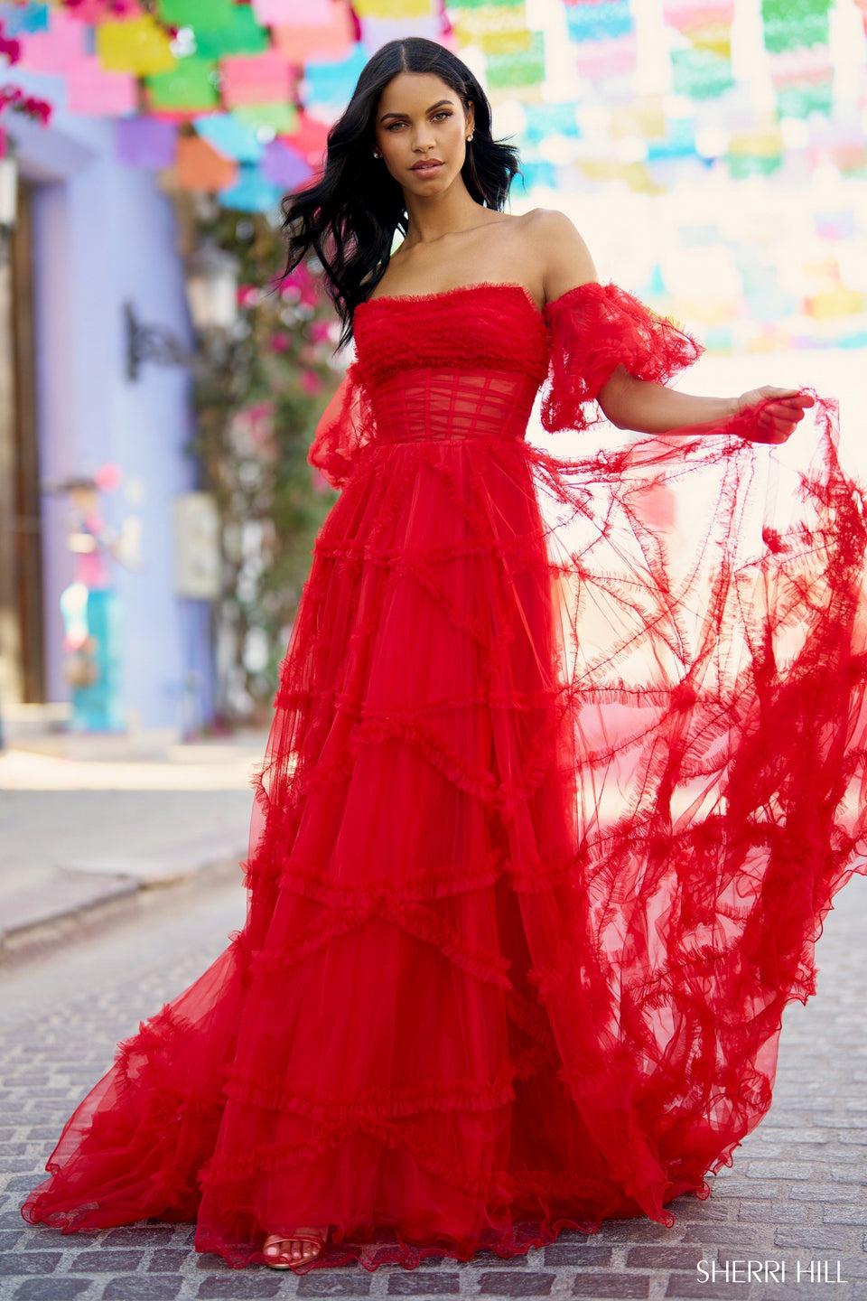 sherri hill Strapless tulle gown with sheer corset bodice ruffle embellishments and removable ballon sleeves