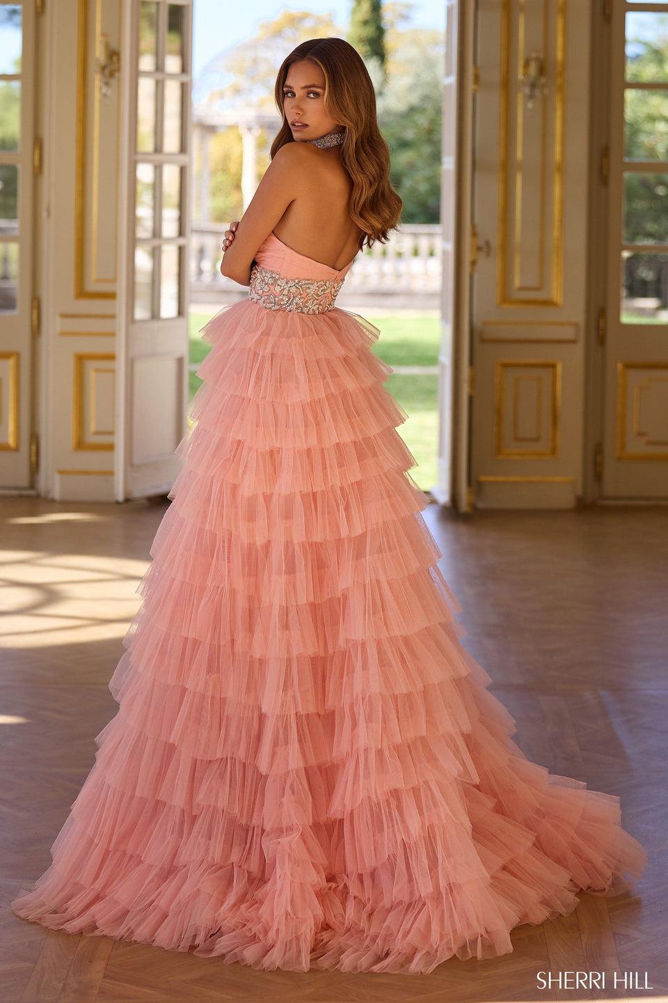 Sherri Hill Strapless Tulle Ruffle Ball Gown With Pearl Waist Band Key Hole On Bodice Pearl Choker And High Slit