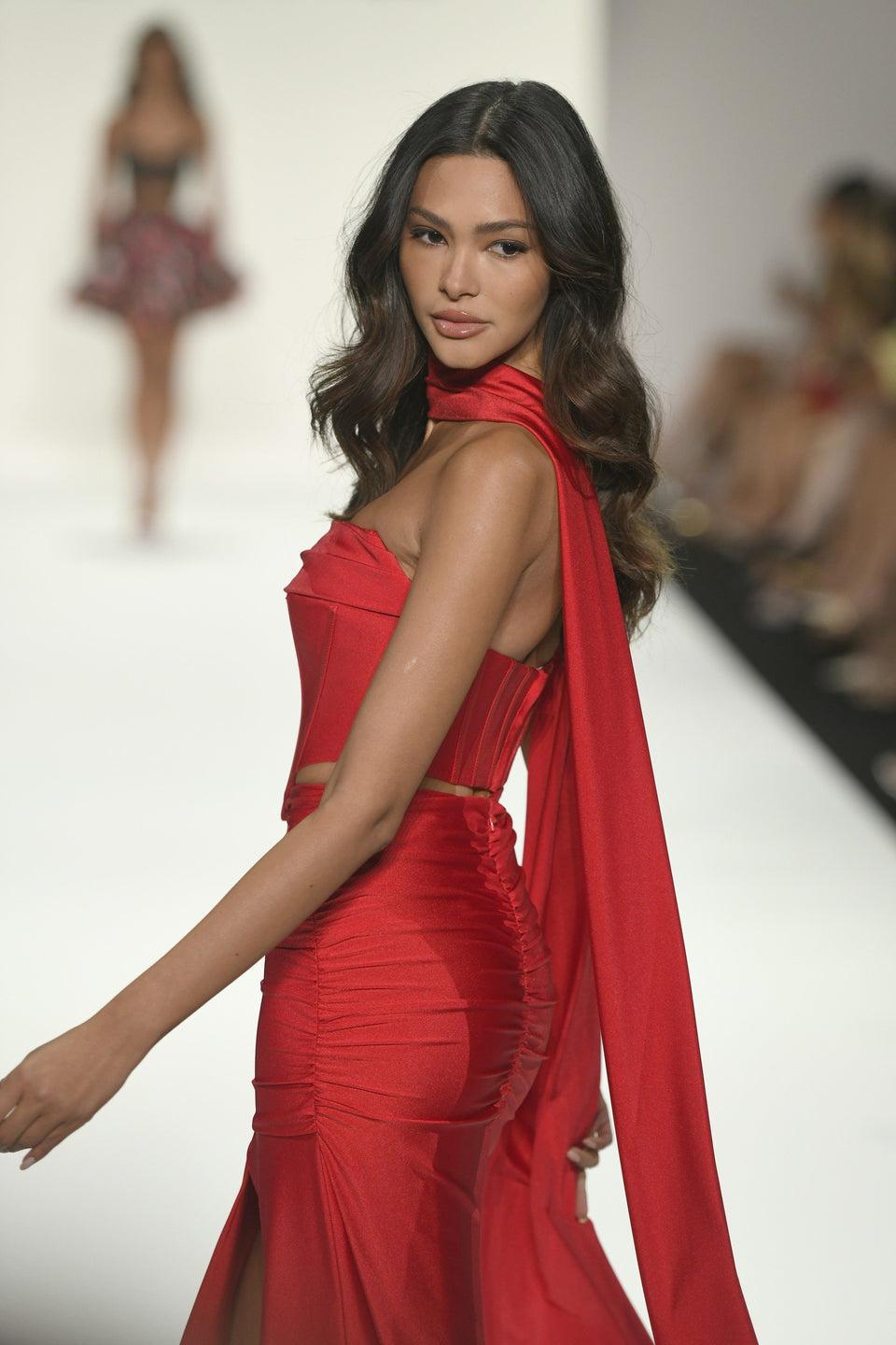 Sherri Hill Strapless Two Piece Fitted Gown With Corset Bodice Skirt Slit And A Neck Scarf