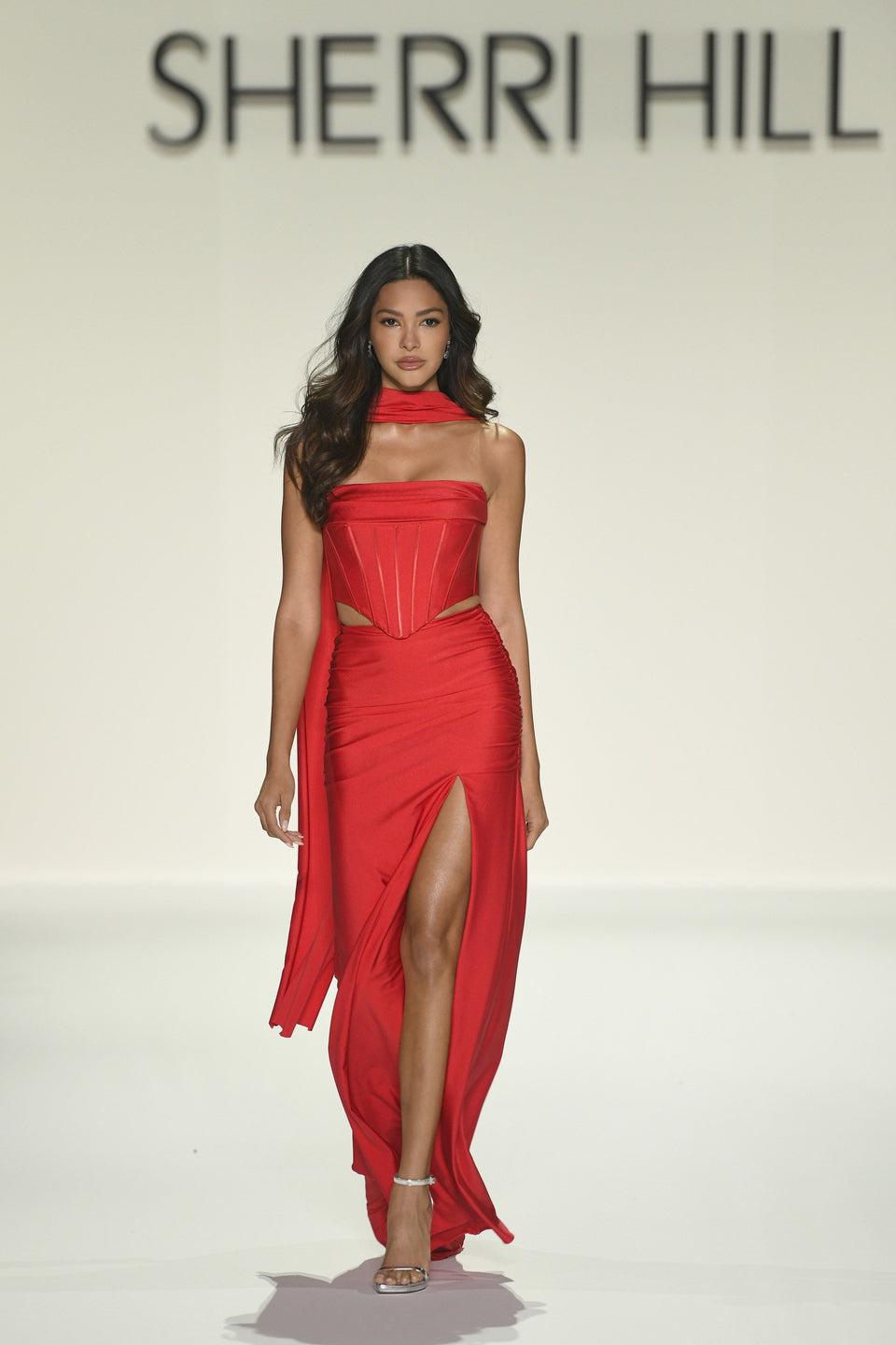 Sherri Hill Strapless Two Piece Fitted Gown With Corset Bodice Skirt Slit And A Neck Scarf