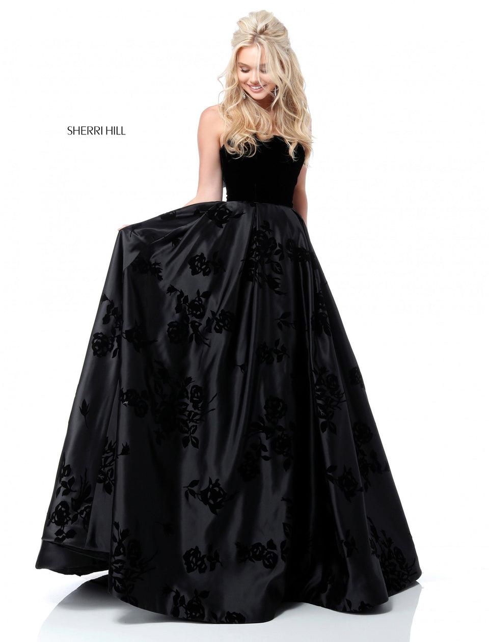 Sherri Hill Strapless Velvet Bodice With Satin Appliqued Ball Gown Skirt