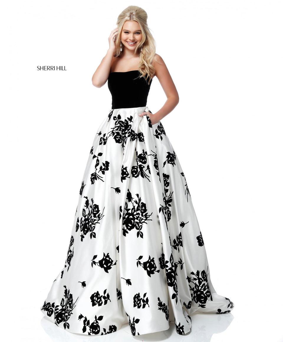 Sherri Hill Strapless Velvet Bodice With Satin Appliqued Ball Gown Skirt