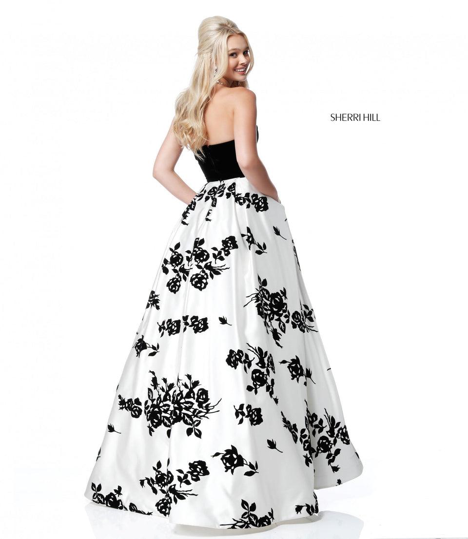 Sherri Hill Strapless Velvet Bodice With Satin Appliqued Ball Gown Skirt