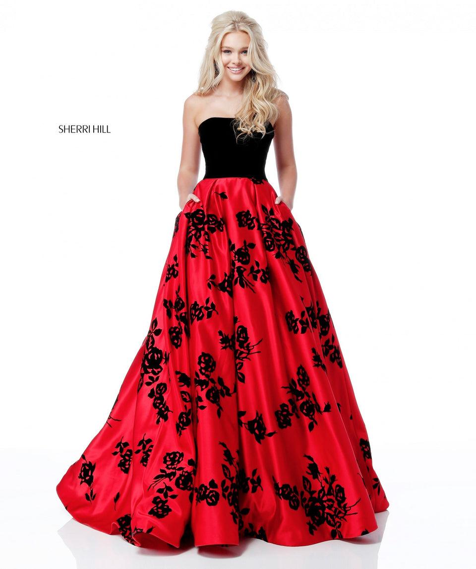 sherri hill Strapless velvet bodice with satin appliqued ball gown skirt