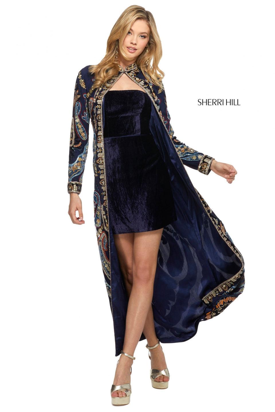 Sherri Hill Strapless Velvet Cocktail Dress With Long Sleeve Velvet Beaded Embroidered Cape