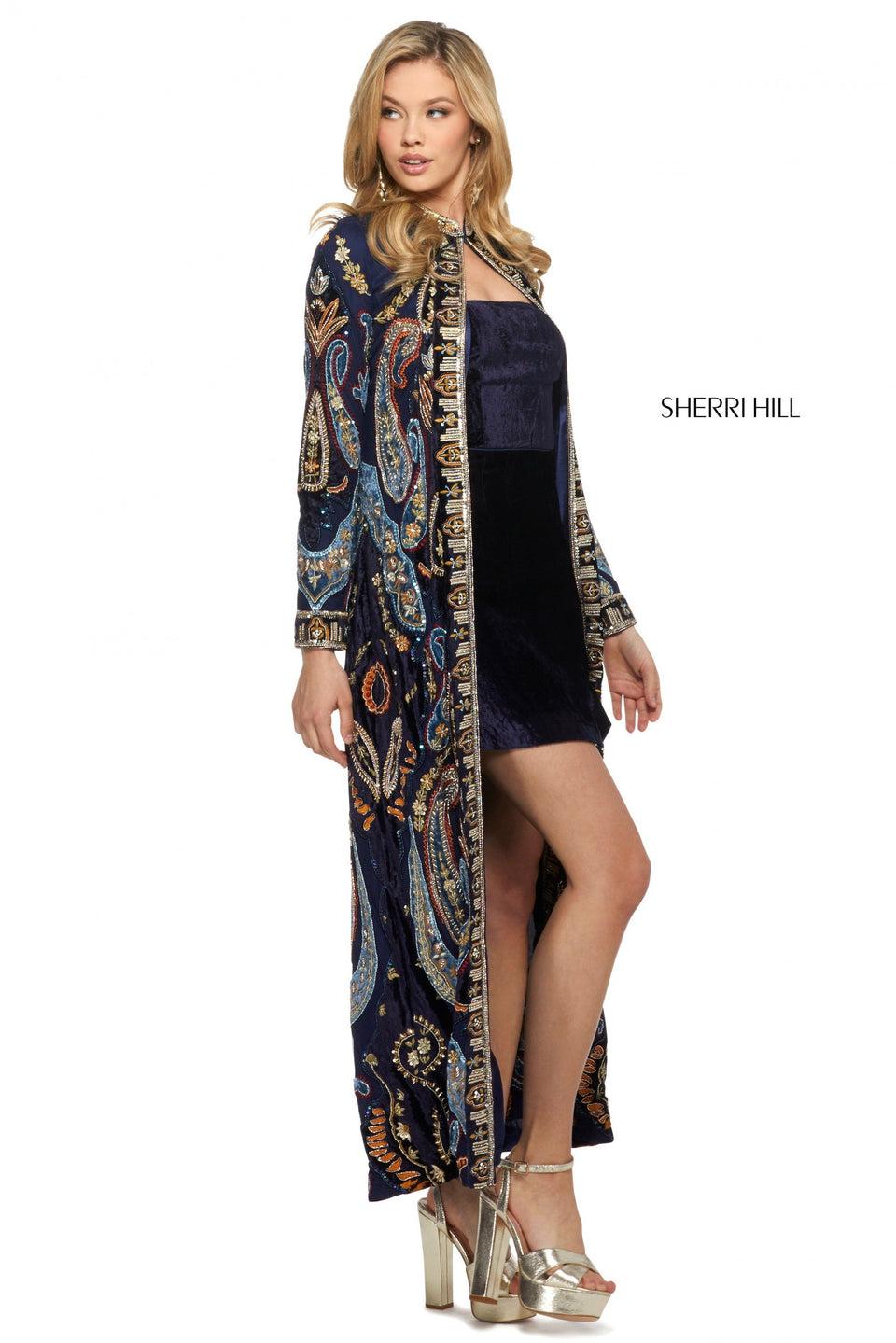 Sherri Hill Strapless Velvet Cocktail Dress With Long Sleeve Velvet Beaded Embroidered Cape