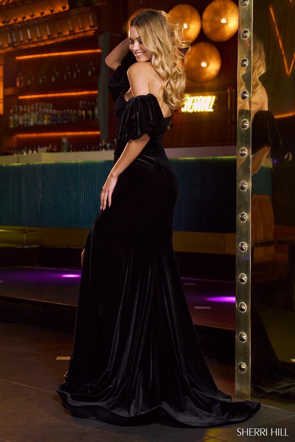 Sherri Hill Strapless Velvet Gown With Key Holes Detachable Ballon Sleeves And High Slit