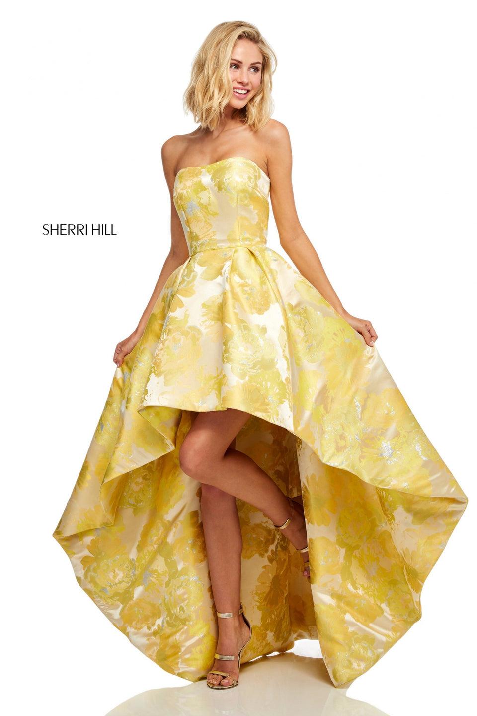 sherri hill Strapless yellow floral print high-low gown