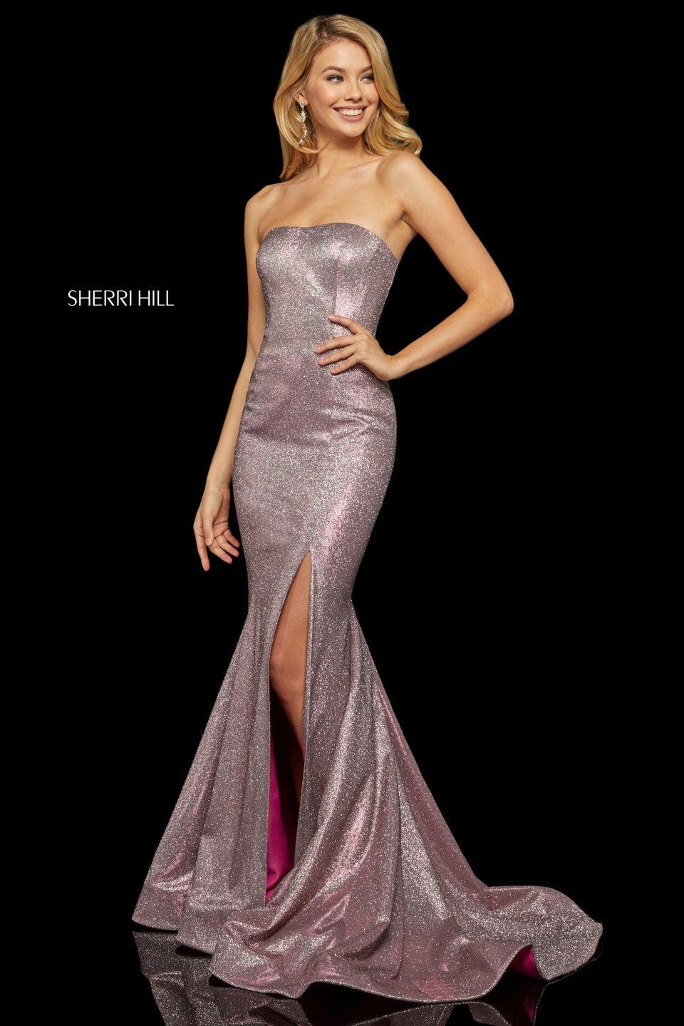 Sherri Hill Stretch Glitter Fitted Dress With Flared Hem Skirt Slit And Strapless Neckline