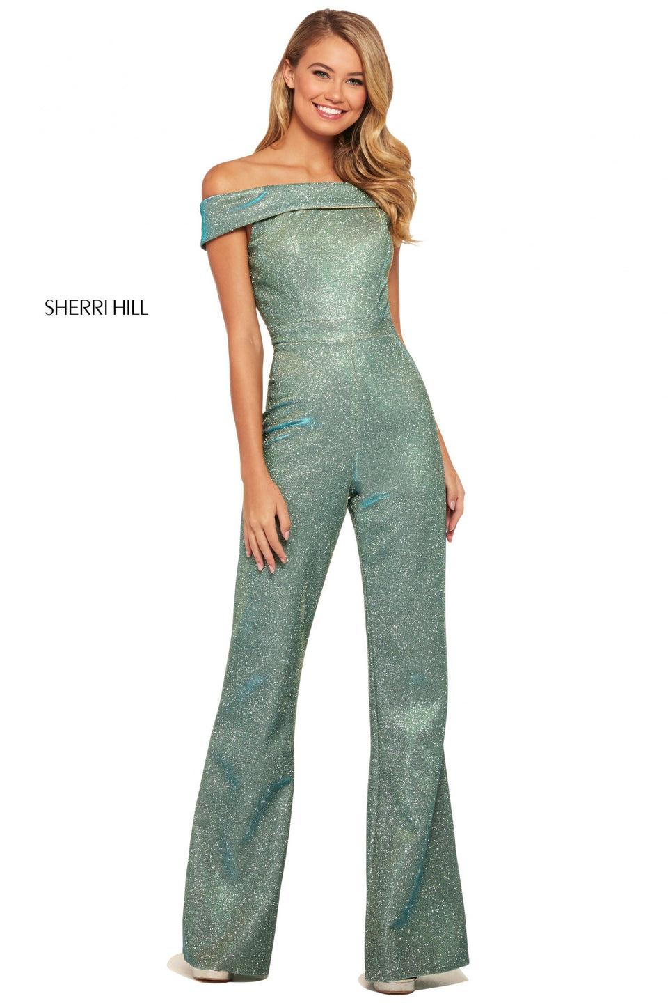 sherri hill Stretch glitter jumpsuit with off-the-shoulder neckline