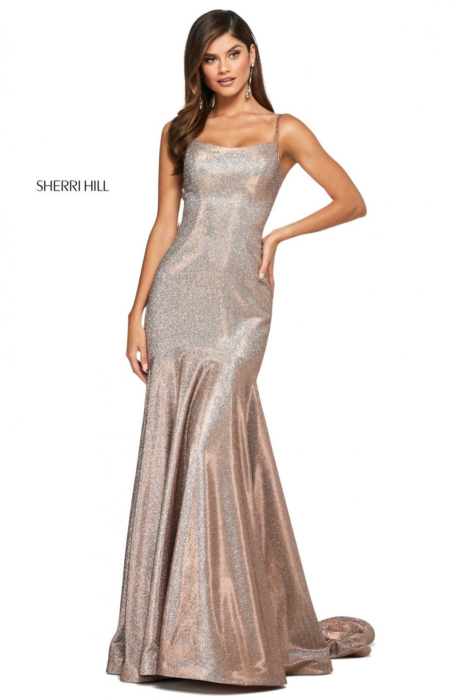 Sherri Hill Stretch Glitter Mermaid Dress With Slight Rounded Neckline And Spaghetti Straps