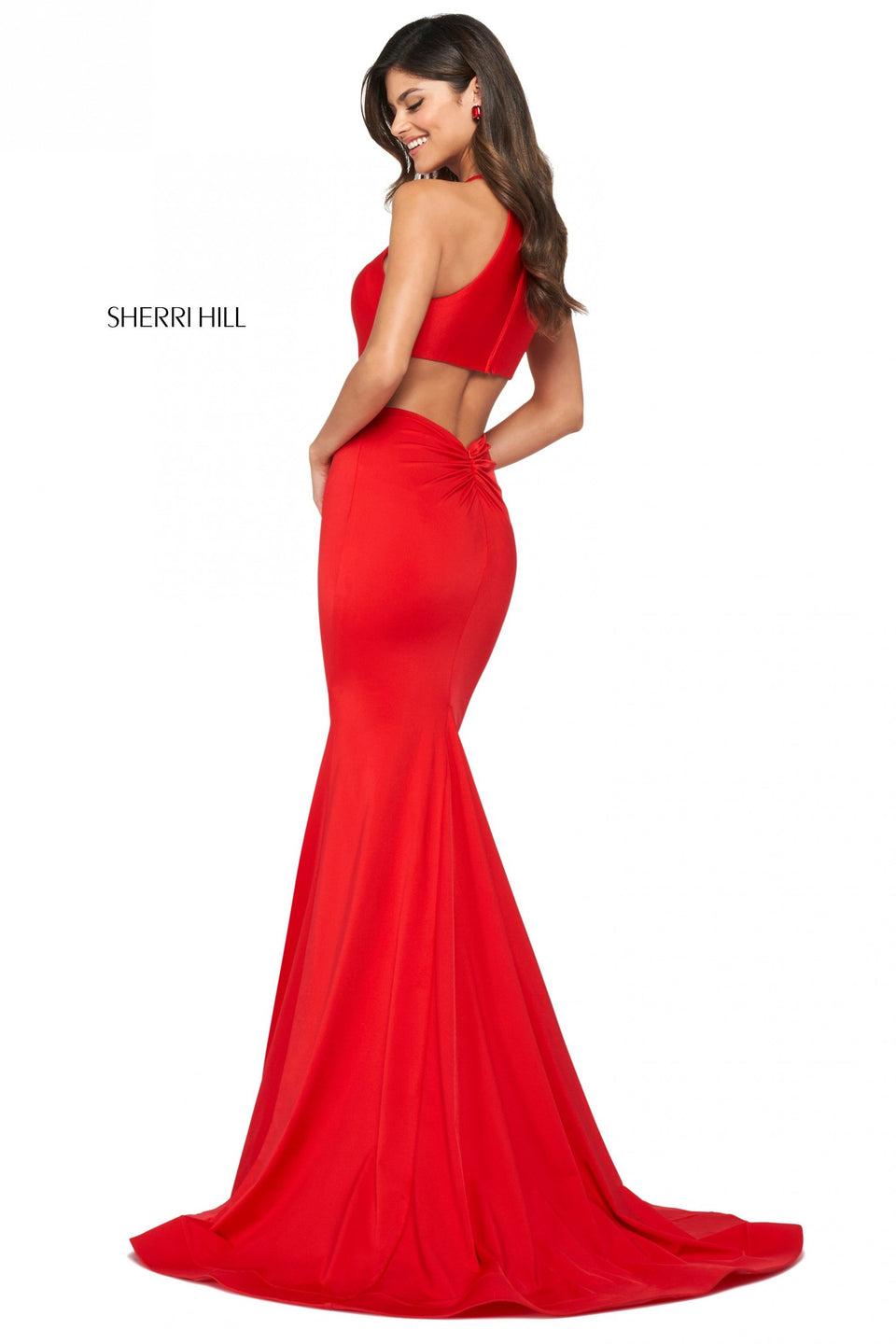 sherri hill Stretch jersey gown with high cut halter style neckline back cut out and lower back ruching