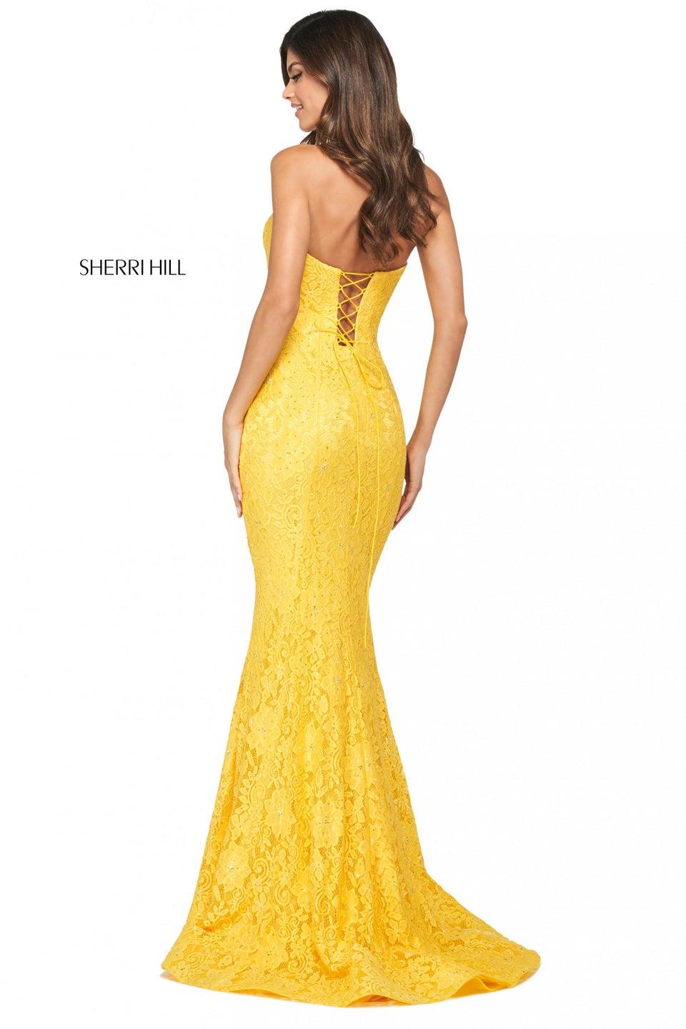 Sherri Hill Stretch Lace Beaded Gown With Strapless Neckline Corset Style Lace Up Back And Skirt Slit