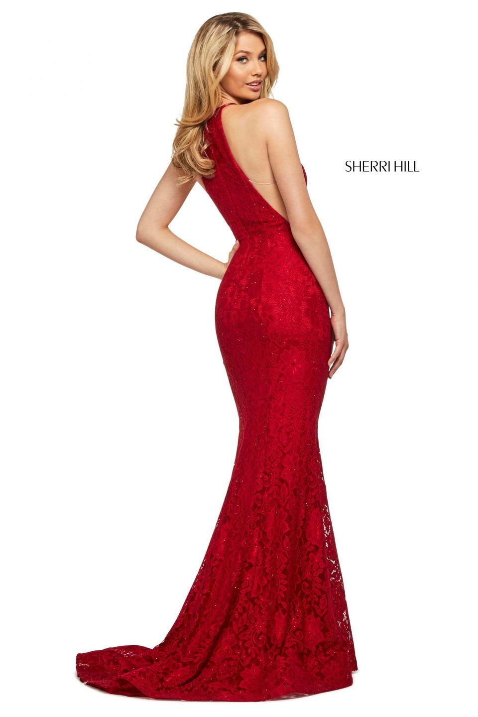 Sherri Hill Stretch Lace Dress With High Cut Halter Style Neckline And Skirt Slit