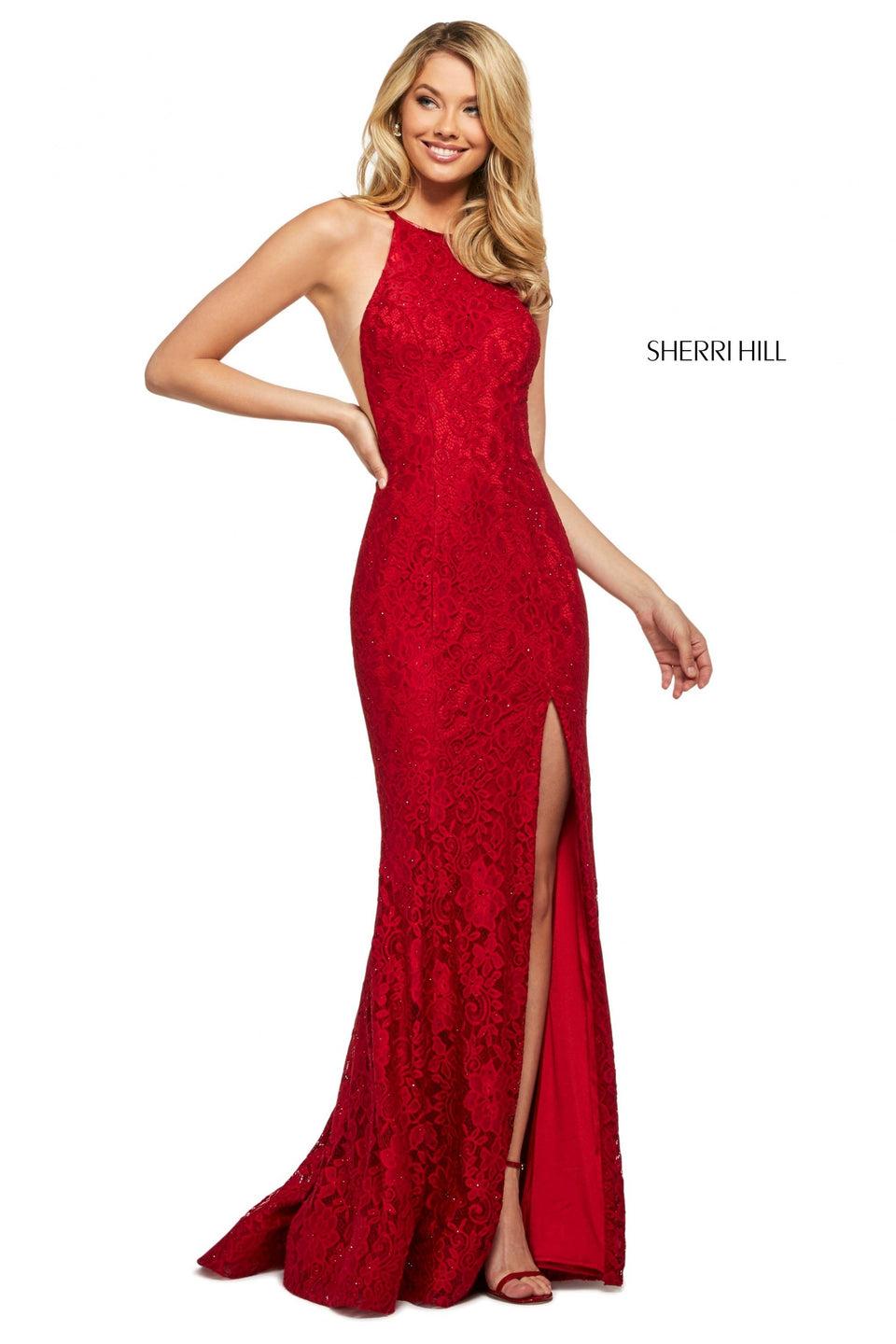sherri hill Stretch lace dress with high cut halter style neckline and skirt slit