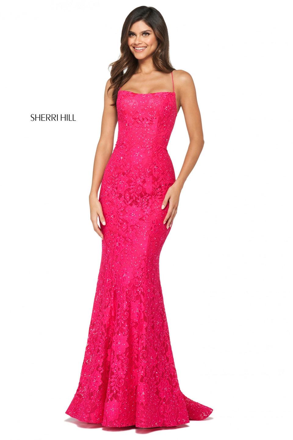 Sherri Hill Stretch Lace Dress With Straight Neckline And Strappy Lace Up Back