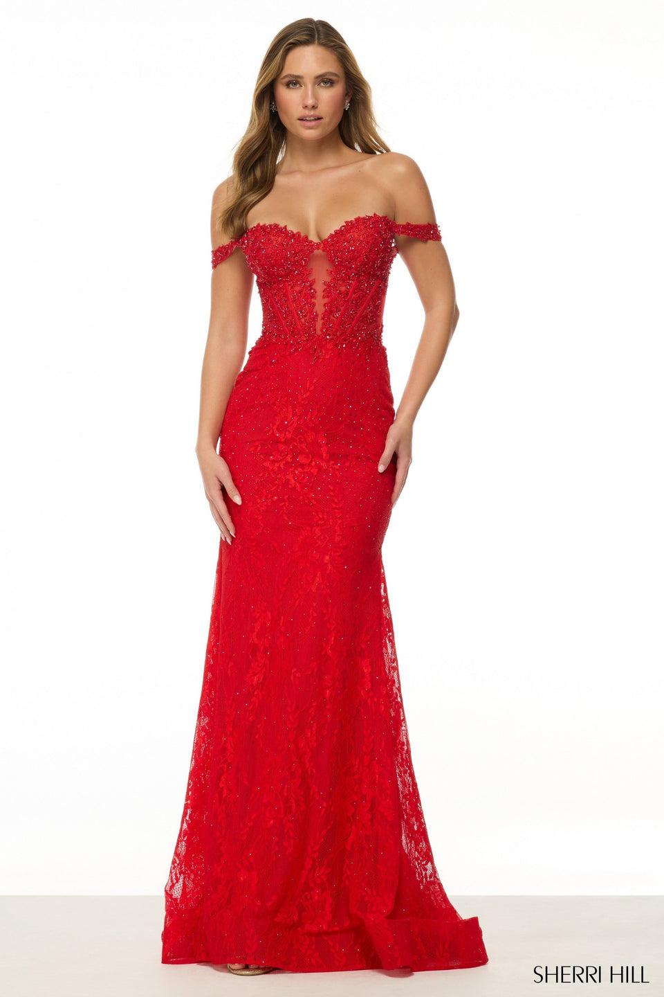 sherri hill Stretch lace fitted gown with off the shoulder neckline