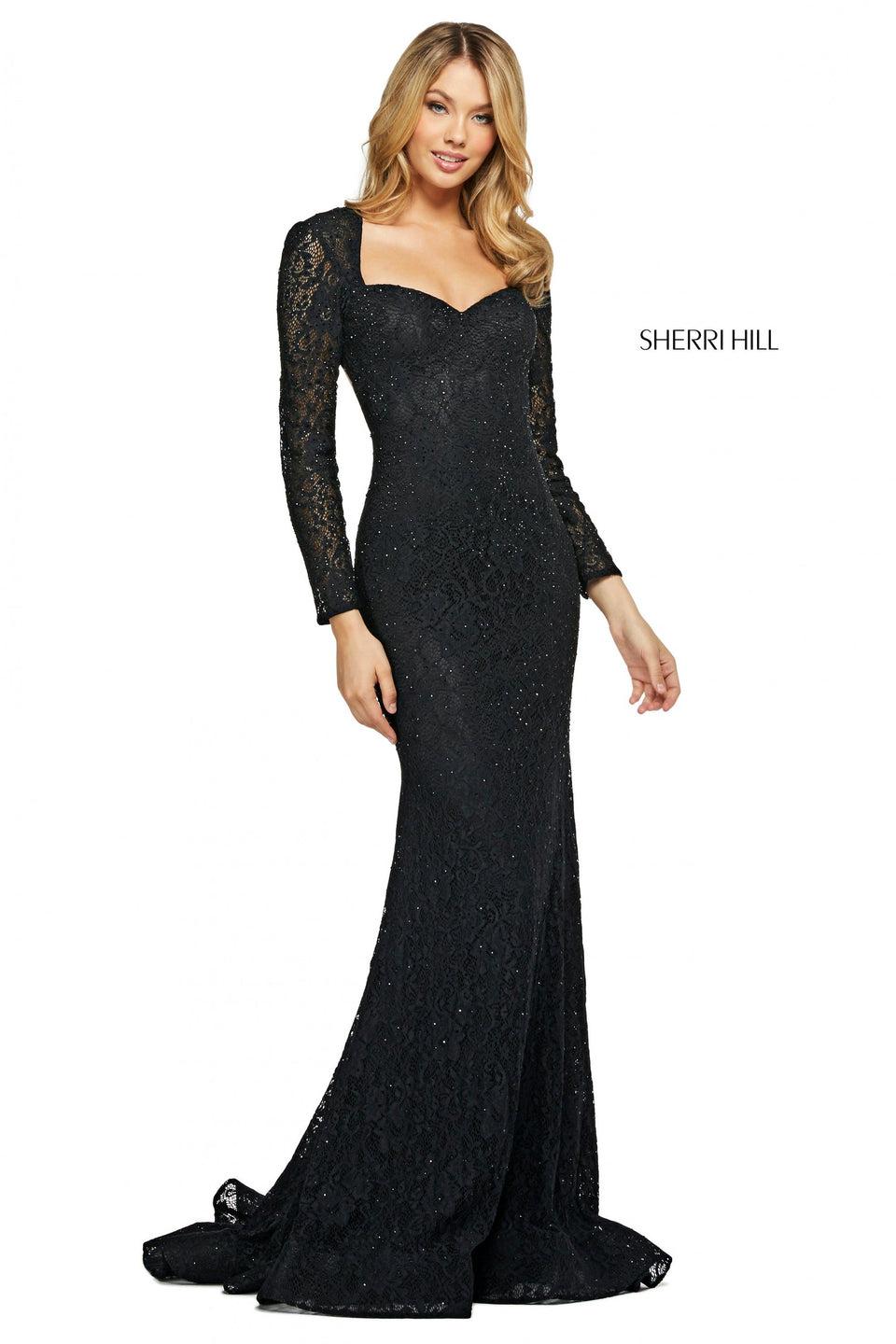 Sherri Hill Stretch Lace Gown With Long Sleeves Sweetheart Neckline And Open Back