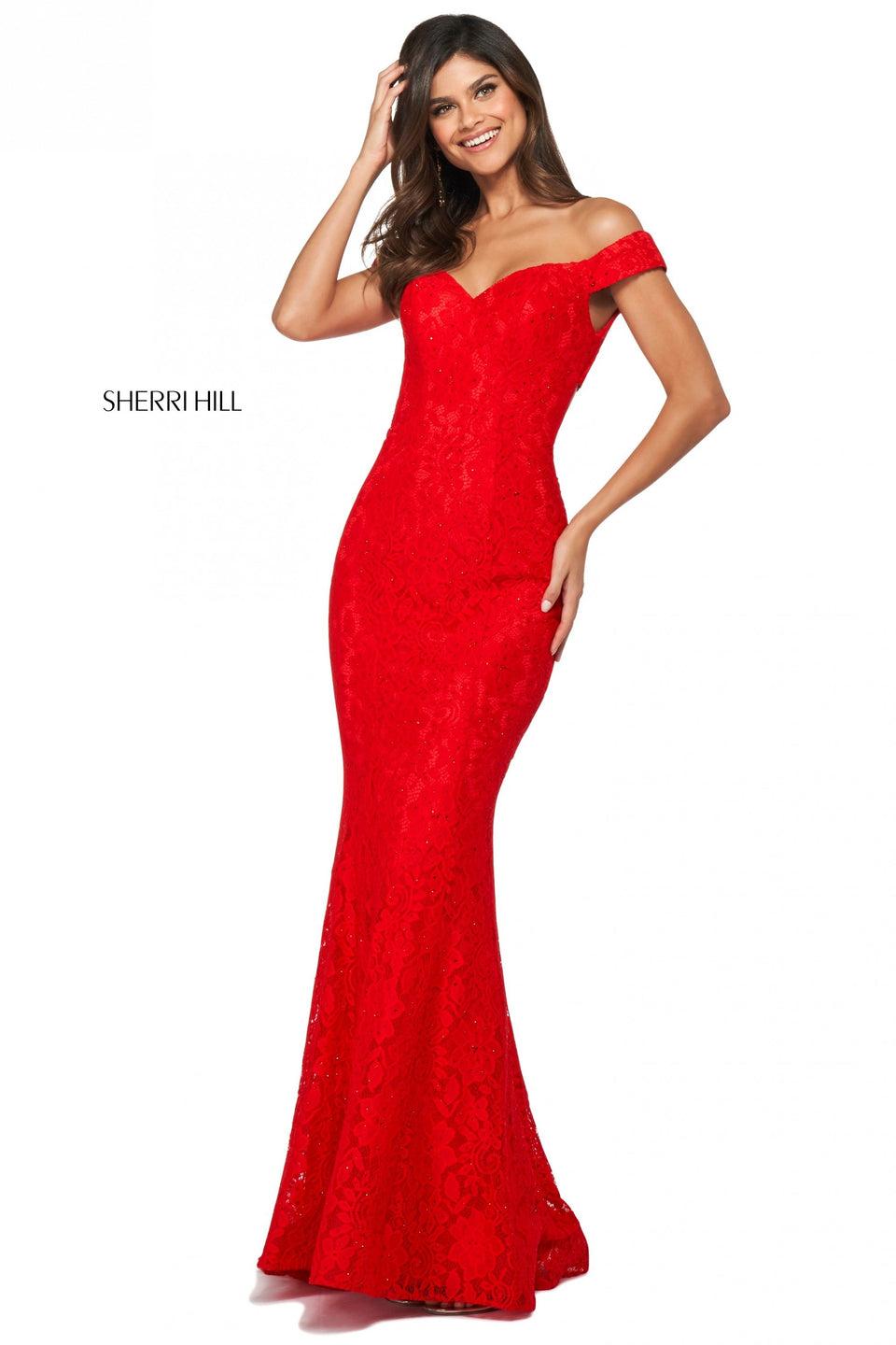 sherri hill Stretch lace gown with off-the-shoulder sweetheart neckline back cut out and lower back ruching